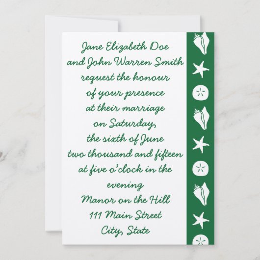 Summer Seashells in Green Wedding Invitation Kaart (Voorkant)