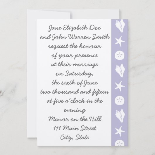 Summer Seashells in Lavender Wedding Invitation Kaart (Voorkant)