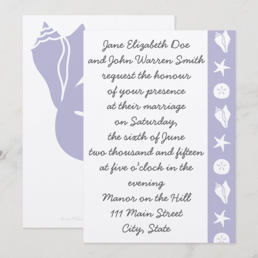 Summer Seashells in Lavender Wedding Invitation Kaart (Voorkant / Achterkant)