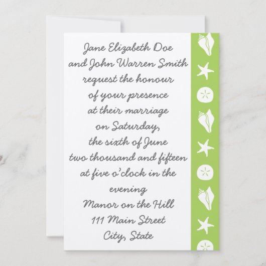 Summer Seashells in Peridot Wedding Invitation Kaart (Voorkant)