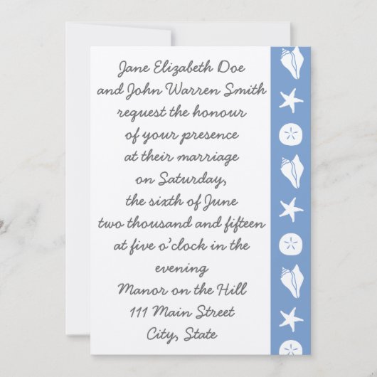 Summer Seashells in Periwinkle Wedding Invitation Kaart (Voorkant)