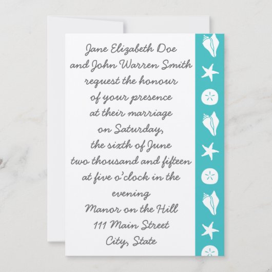Summer Seashells in Turquoise Wedding Invitation Kaart (Voorkant)