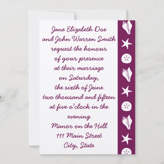 Summer Seashells in Wine Wedding Invitation Kaart (Voorkant)