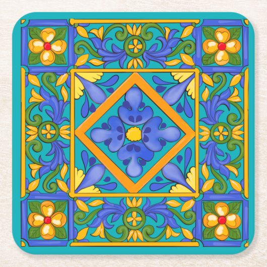 Summer, Siciliaanse tegels, majolica, Middellandse Kartonnen Onderzetters (Voorkant)