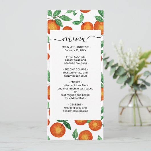 Summer Sinaasappels Citrus Waterverf Fruit Pattern Menu (Staand voorkant)
