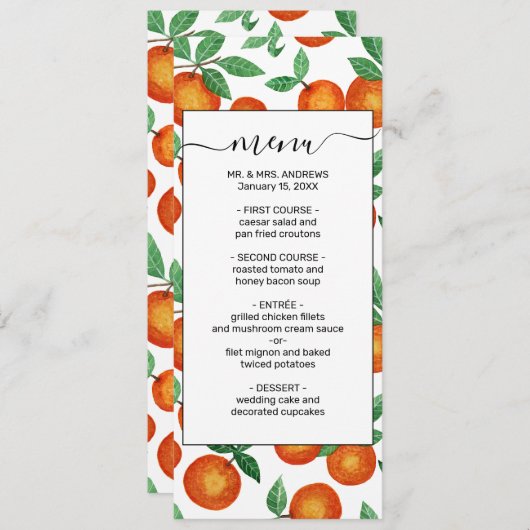 Summer Sinaasappels Citrus Waterverf Fruit Pattern Menu (Voorkant / Achterkant)