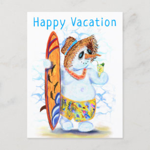 Summer Snowman Surfer Funny Happy Vacation Kaart
