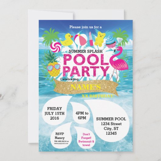 Summer Splash Pool Party Invitation Kaart (Voorkant)