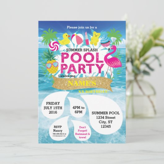 Summer Splash Pool Party Invitation Kaart (Staand voorkant)