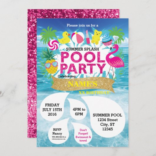 Summer Splash Pool Party Invitation Kaart (Voorkant / Achterkant)