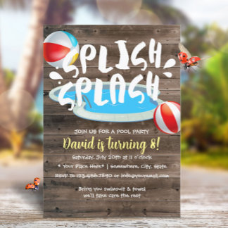 Summer Splish Splash Wood Pool Birthday Party Kaart
