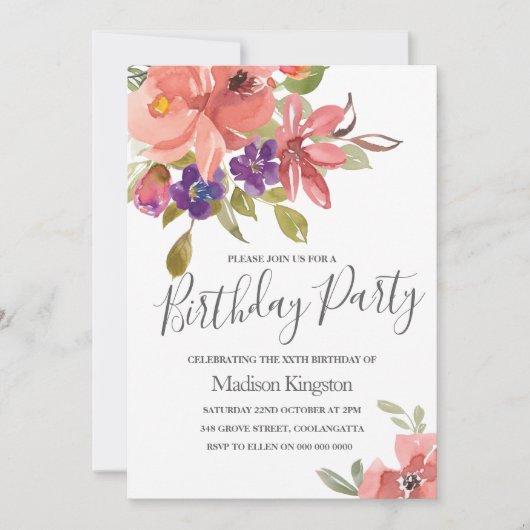 Summer Spring Flowers Modern Birthday Party Invite Kaart (Voorkant)