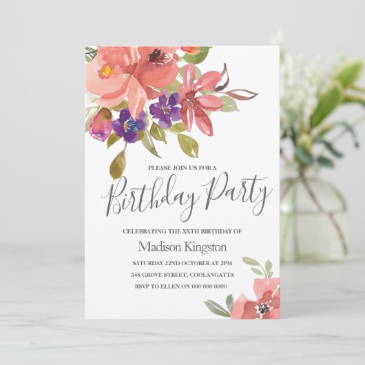 Summer Spring Flowers Modern Birthday Party Invite Kaart (Staand voorkant)