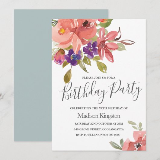 Summer Spring Flowers Modern Birthday Party Invite Kaart (Voorkant / Achterkant)