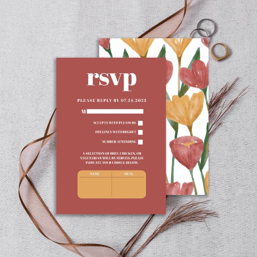 Summer Spring Mustard Red Floral Botanical Wedding RSVP Kaartje