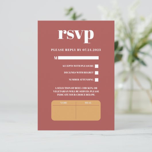 Summer Spring Mustard Red Floral Botanical Wedding RSVP Kaartje (Staand voorkant)