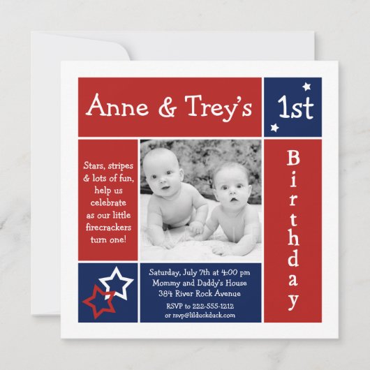 Summer Stars Twin Photo Birthday Invitation Kaart (Voorkant)