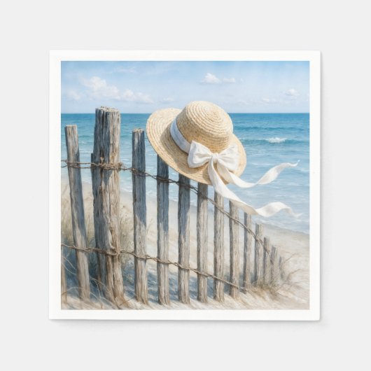 Summer Straw Hat On Beach Fence Servet (Voorkant)