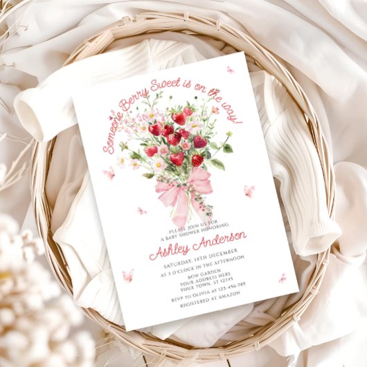 Summer Strawberry Pink Bow Baby shower Kaart