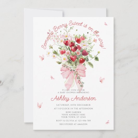 Summer Strawberry Pink Bow Baby shower Kaart (Voorkant)