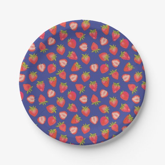 Summer Strawberry Red Blue Pattern Papieren Bordje (Voorkant)
