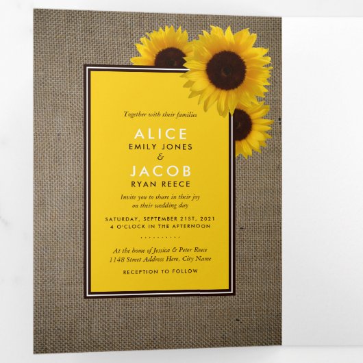 Summer Sunbloemen & Burlap, Wedding Suite Drieluik Uitnodiging (Binnenzijde eerst)