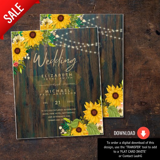 Summer Sunflower Rustic Wood Wedding Invite Flyer