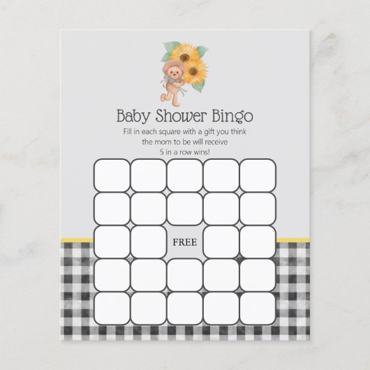 Summer Sunflower Teddy Bear Baby shower Bingo Game (Voorkant)