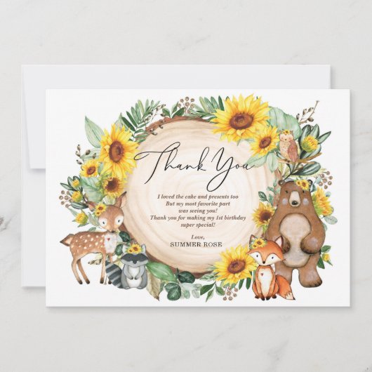 Summer Sunflower Woodland 1e verjaardag Dank u Bedankkaart (Voorkant)