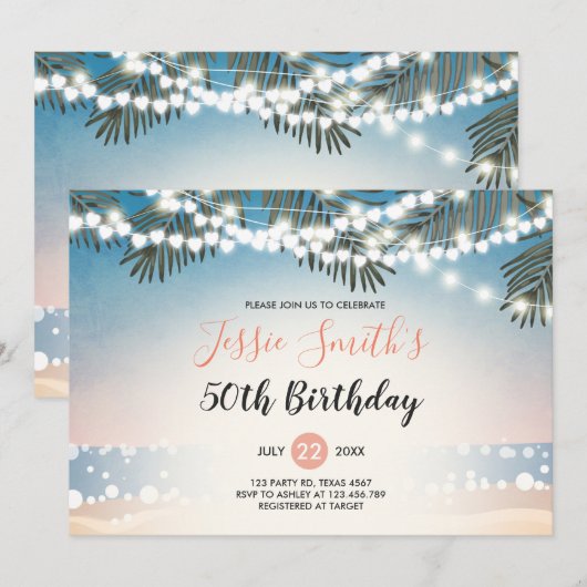 Summer Sunset Birthday Invitation String Lights Kaart (Voorkant / Achterkant)