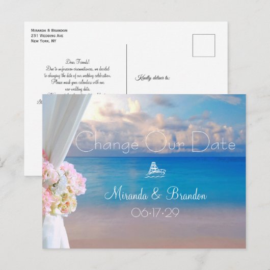 Summer Sunset Floral Beach Wedding Verander de dat Aankondigingskaart (Voorkant / Achterkant)