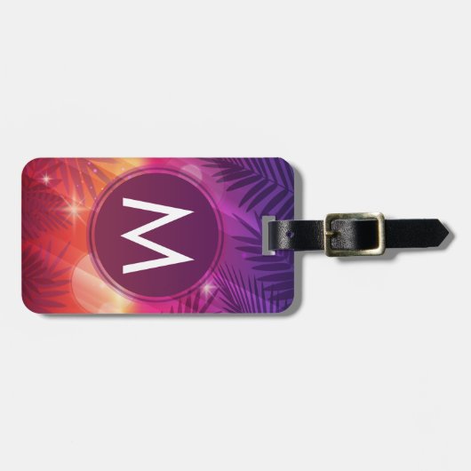 Summer Sunset Palm Trees Monogram Paars Sinaasappe Bagagelabel (Voorkant horizontaal)