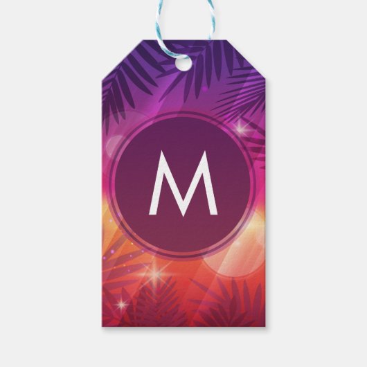 Summer Sunset Palm Trees Monogram Paars Sinaasappe Cadeaulabel (Voorkant)