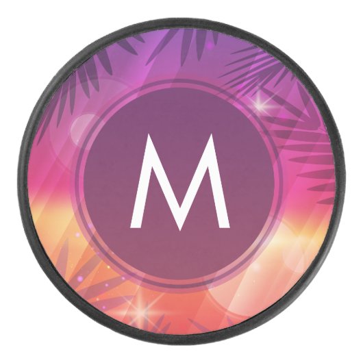 Summer Sunset Palm Trees Monogram Paars Sinaasappe Hockey Puck (Voorkant)
