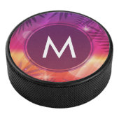 Summer Sunset Palm Trees Monogram Paars Sinaasappe Hockey Puck (3/4)