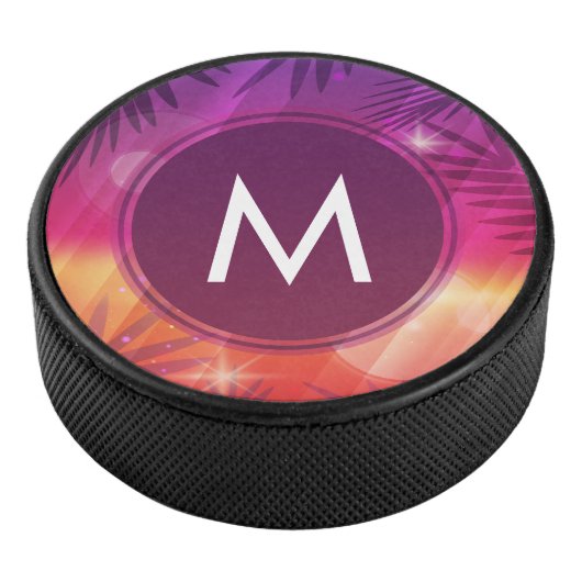 Summer Sunset Palm Trees Monogram Paars Sinaasappe Hockey Puck (3/4)