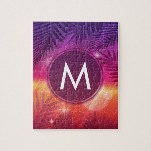 Summer Sunset Palm Trees Monogram Paars Sinaasappe Legpuzzel (Verticaal)