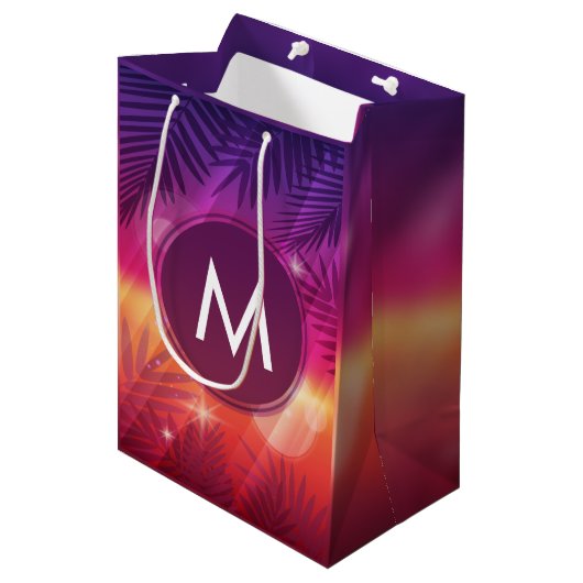 Summer Sunset Palm Trees Monogram Paars Sinaasappe Medium Cadeauzakje (Voorkant Gekanteld)