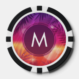 Summer Sunset Palm Trees Monogram Paars Sinaasappe Pokerchips