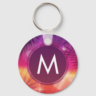 Summer Sunset Palm Trees Monogram Paars Sinaasappe Sleutelhanger