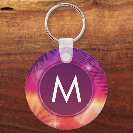 Summer Sunset Palm Trees Monogram Paars Sinaasappe Sleutelhanger (Achterkant)