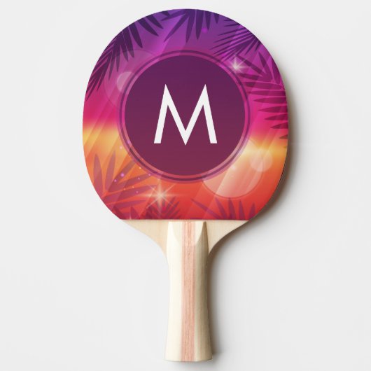 Summer Sunset Palm Trees Monogram Paars Sinaasappe Tafeltennisbatje (Voorkant)