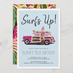 Summer Surf Party uitnodiging tot roze auto