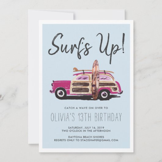 Summer Surven Party |  roze auto uitnodiging (Voorkant)
