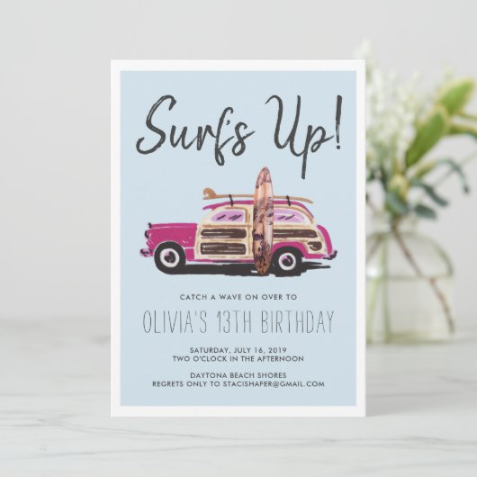 Summer Surven Party | roze auto uitnodiging (Staand voorkant)