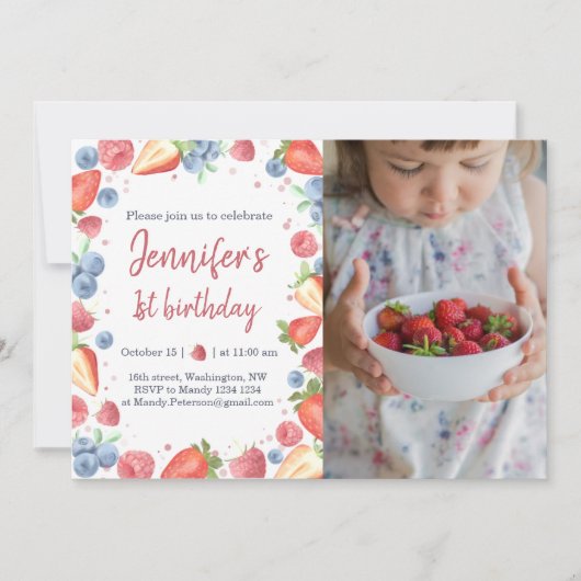 Summer Sweet Berry Baby Girl Birthday Invitation Kaart (Voorkant)