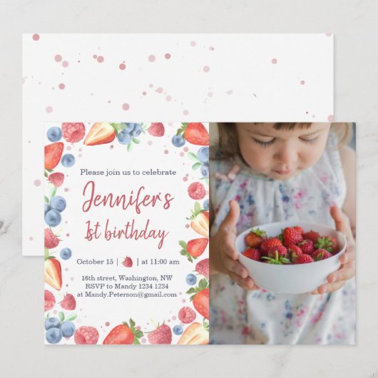 Summer Sweet Berry Baby Girl Birthday Invitation Kaart (Voorkant / Achterkant)