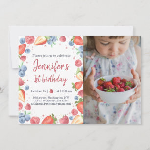 Summer Sweet Berry Baby Girl Birthday Invitation Kaart
