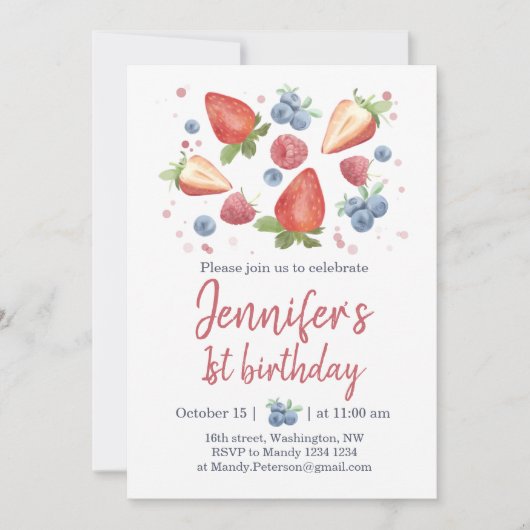 Summer Sweet Berry Strawberry 1st Birthday Invitat Kaart (Voorkant)