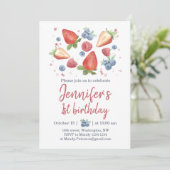 Summer Sweet Berry Strawberry 1st Birthday Invitat Kaart (Staand voorkant)